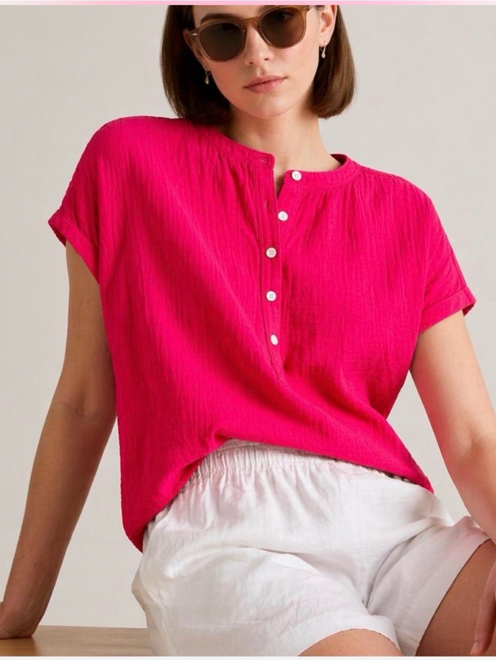 Quince Fuchsia Gauze Roll Sleeve Organic Cotton Button Top Small shirt